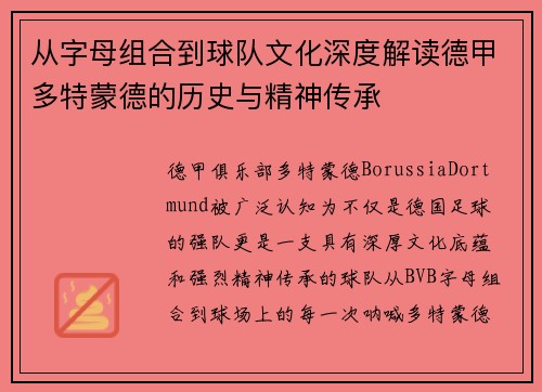 从字母组合到球队文化深度解读德甲多特蒙德的历史与精神传承