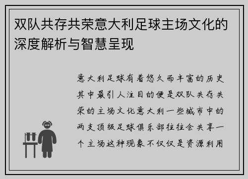 双队共存共荣意大利足球主场文化的深度解析与智慧呈现