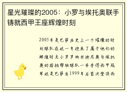 星光璀璨的2005：小罗与埃托奥联手铸就西甲王座辉煌时刻